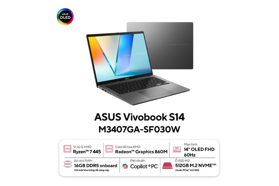 ASUS Vivobook S14 M3407GA Laptop AI pin lâu, mỏng nhẹ – với AMD Ryzen AI 7 445