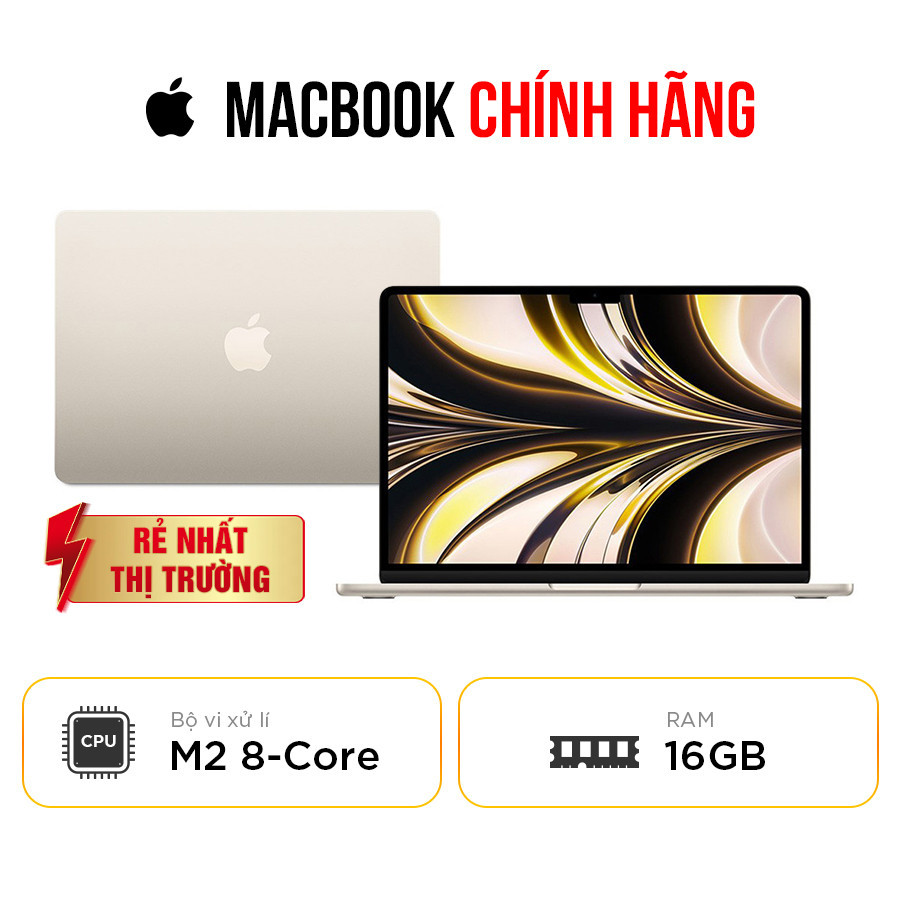 [New 100%] Macbook Air M2 MC7W4SA/A - 8 Core CPU | 8 Core GPU | RAM 16GB | SSD 256GB |13.6 Inch Liquid Retina | Starlight