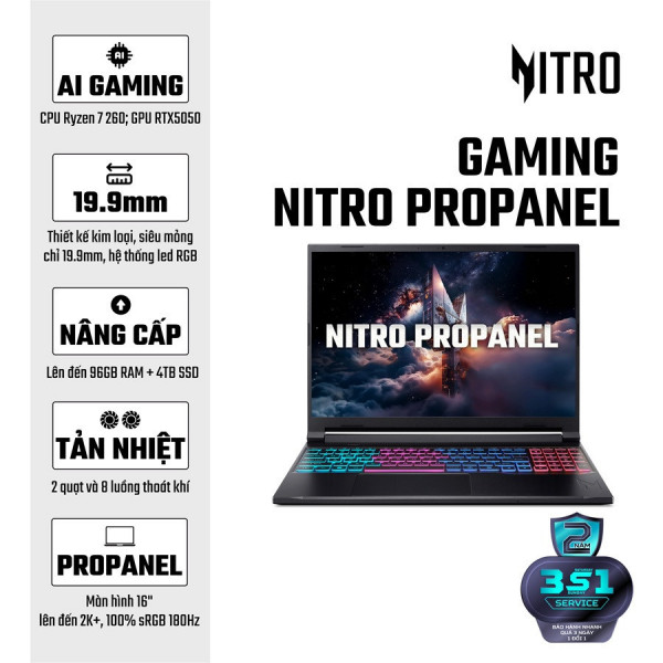 [New 100%] Laptop Gaming Acer Nitro ProPanel ANV16S-41-R337- Ryzen 7 260 |  RTX 5050 |  16 Inch Full HD+ 180Hz
