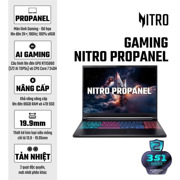[New 100%] Laptop Gaming Acer Nitro ProPanel ANV16S-71-75LR- Intel Core 7 240H |  RTX 5060 | 16 Inch 2K, 180Hz