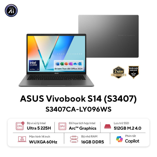 [New 100%] Laptop Asus Vivobook S14 S3407CA-LY095WS - Ultra 5-225H | 14.0 Inch WUXGA