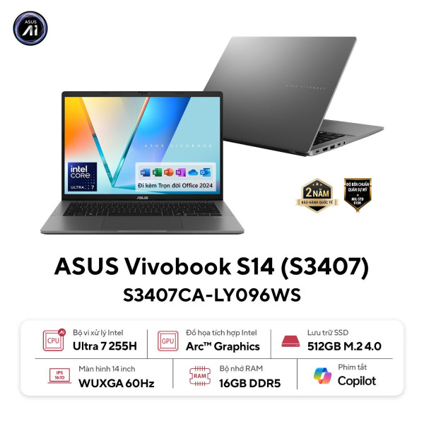 [New 100%] Laptop Asus Vivobook S14 S3407CA-LY096WS - Ultra 7 255H | 14.0 Inch WUXGA