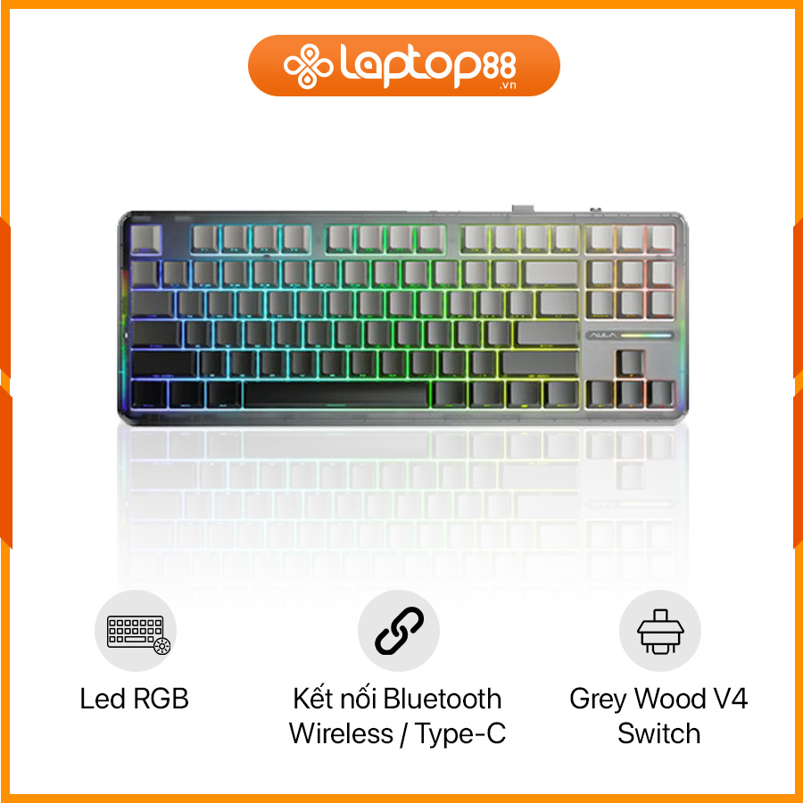 [New 100%] Bàn Phím Cơ AULA 3 MODE F87 PRO Black Gradient Grey Wood V4 Switch