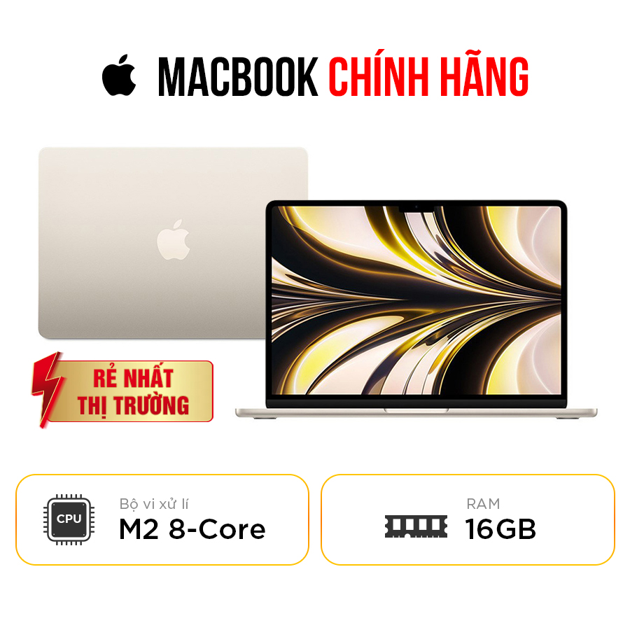 [New 100%] Macbook Air M2 MC7W4SA/A - 8 Core CPU | 8 Core GPU | RAM 16GB | SSD 256GB |13.6 Inch Liquid Retina | Starlight