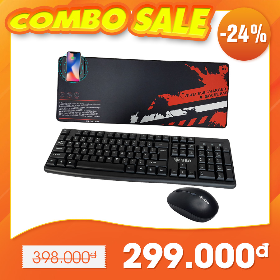 Combo PHỤ KIỆN GIÁ SHOCK | Bộ phím chuột không dây S88 + Bàn di chuột Signo 101 khổ lớn kèm cốc sạc không dây