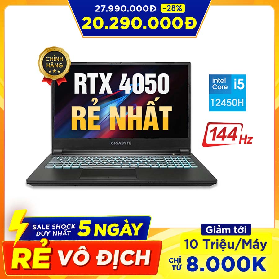 [New 100%] Laptop Gaming Gigabyte G5 MF F2VN333SH - Intel Core i5-12450H | RTX 4050 | 15.6 inch Full HD 144Hz